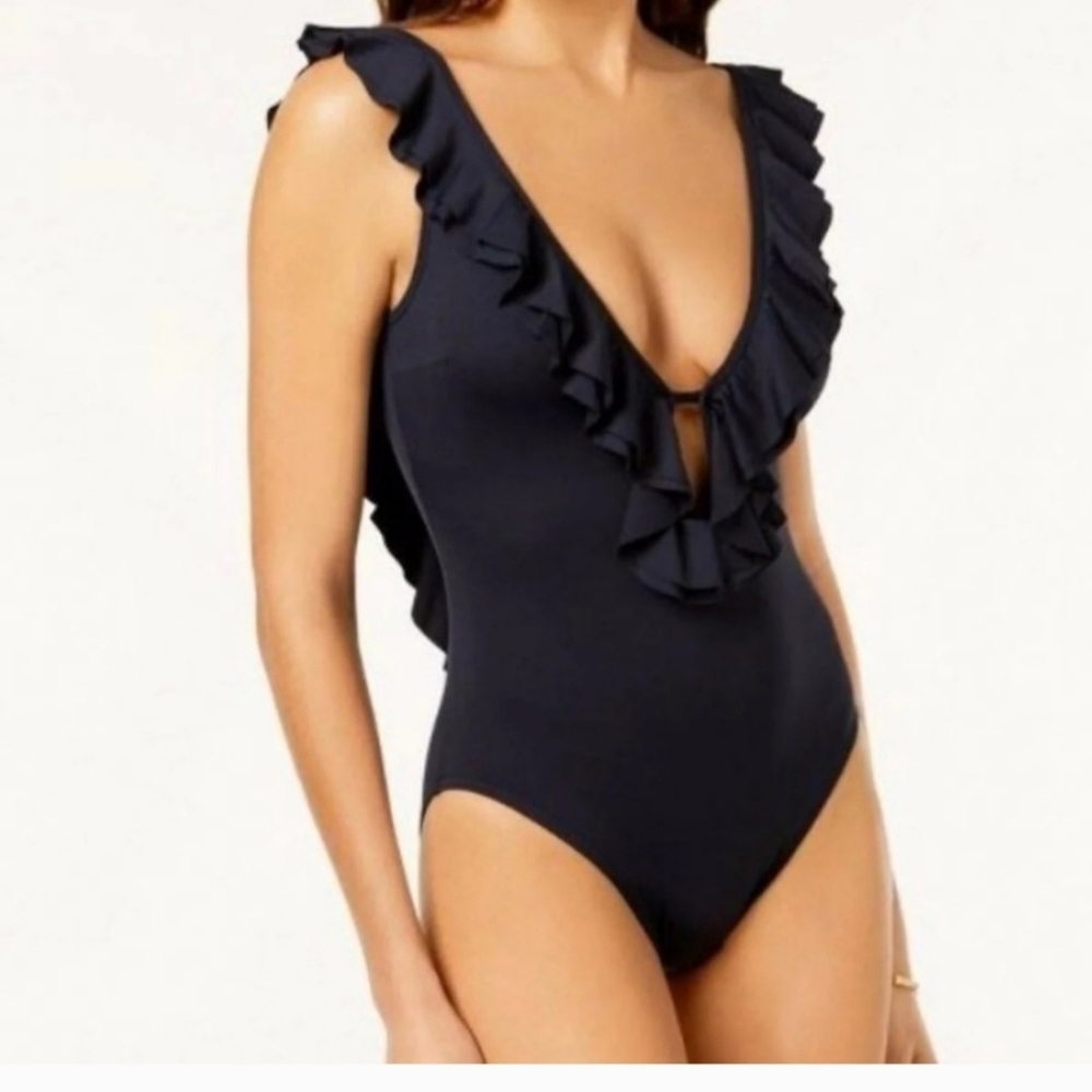 NWT Michael Kors Women's Solids Ruffle Deep V One-Piece Size 10
